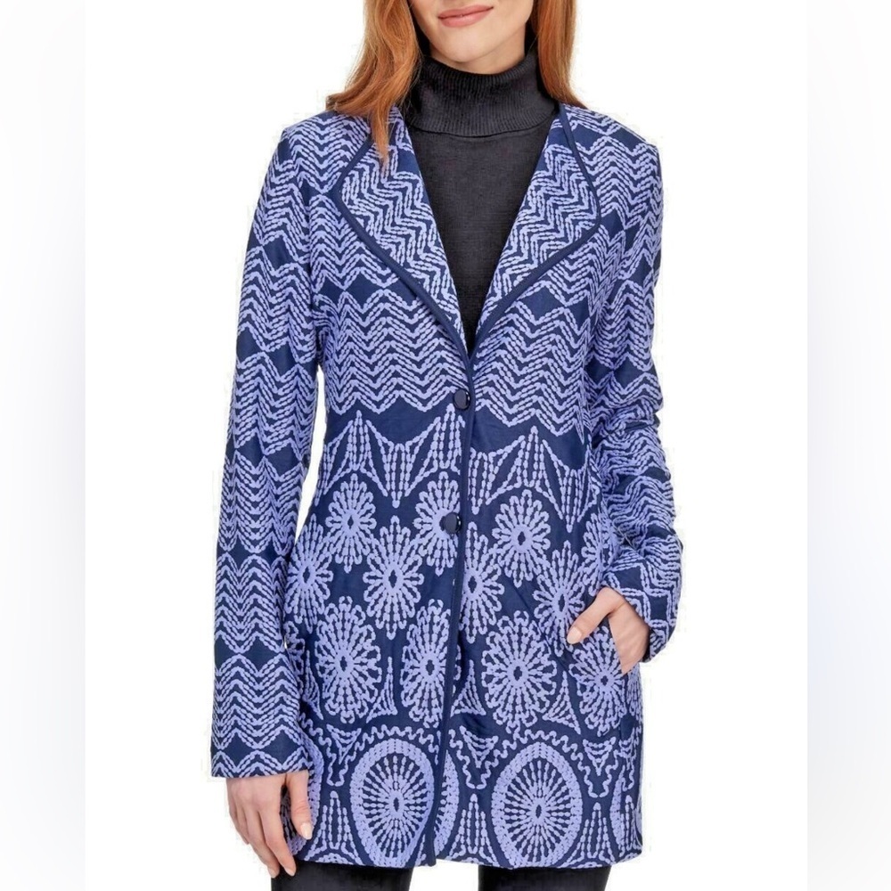 Peck & Peck Women's Navy/Violet Button Front Jacquard Topper Jacket  Large